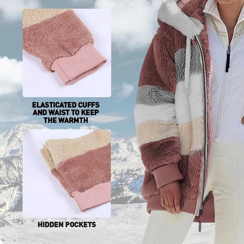 Damen 2024 Winter-Plüsch-Kapuzen-Colorblock-Jacke mit Taschen
