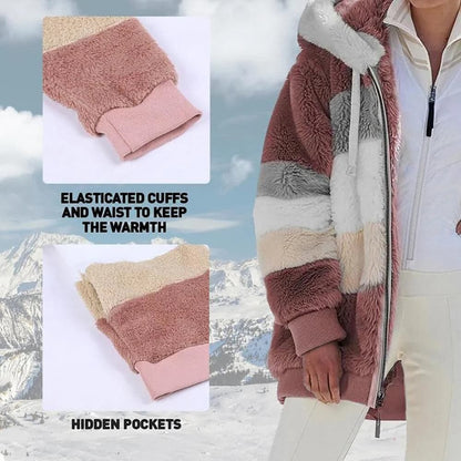 Damen 2024 Winter-Plüsch-Kapuzen-Colorblock-Jacke mit Taschen