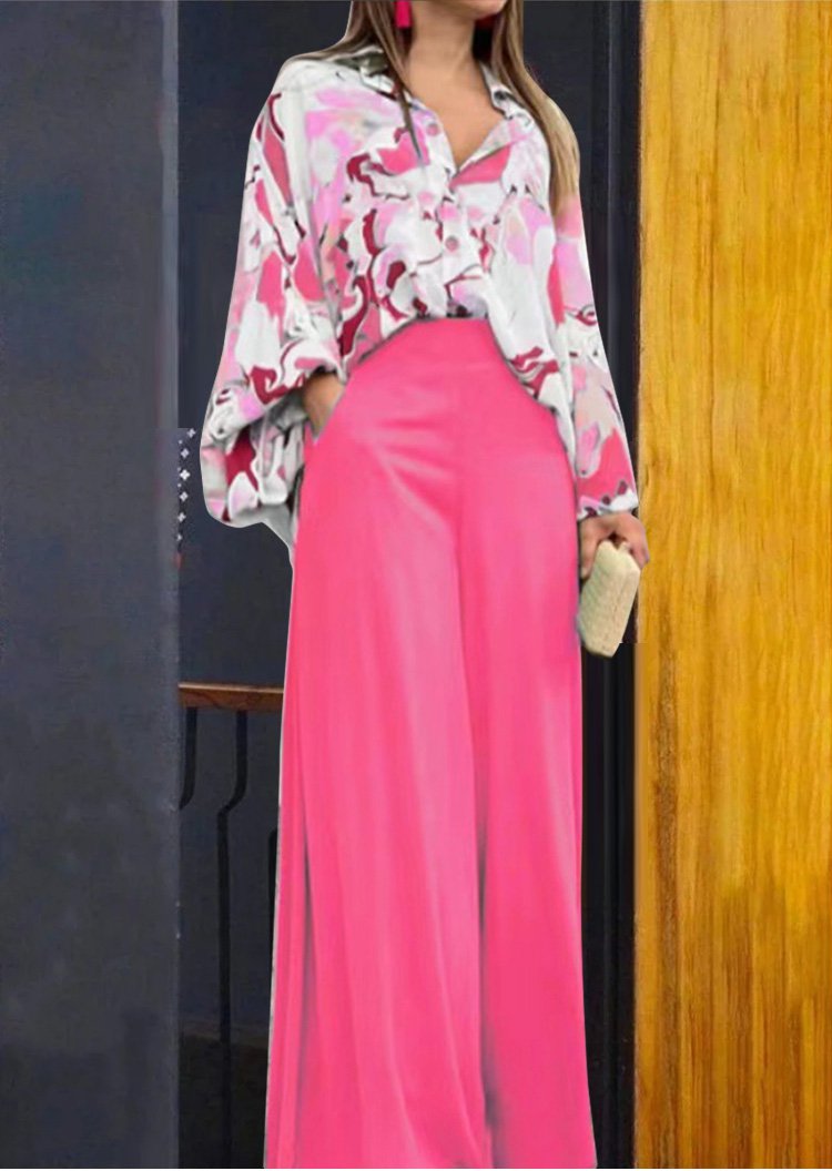 Geblümtes Damenhemd und Hose mit weitem Bein und hoher Taille (1 Set)