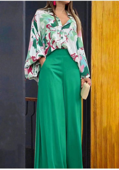 Geblümtes Damenhemd und Hose mit weitem Bein und hoher Taille (1 Set)
