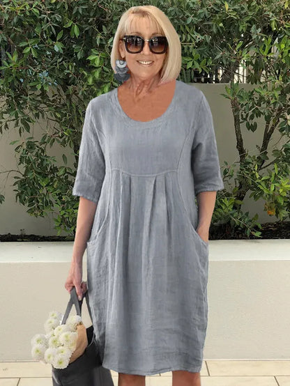 Unifarbenes Tunika-Midikleid aus Baumwolle und Leinen mit Taschen