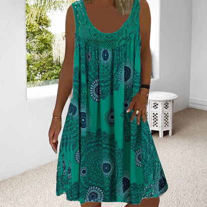 Damen Sommer O-Ausschnitt ärmellosem Druck Kleid