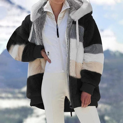 Damen 2024 Winter-Plüsch-Kapuzen-Colorblock-Jacke mit Taschen