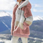 Damen 2024 Winter-Plüsch-Kapuzen-Colorblock-Jacke mit Taschen