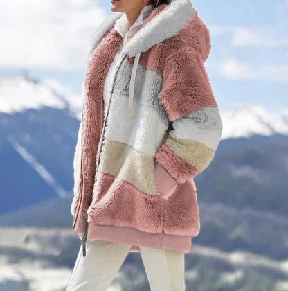 Damen 2024 Winter-Plüsch-Kapuzen-Colorblock-Jacke mit Taschen