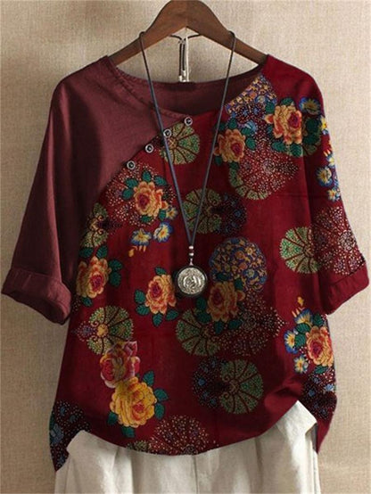 🔥Kurzärmliges Damen-T-Shirt mit Knopfleiste und Blumenmuster