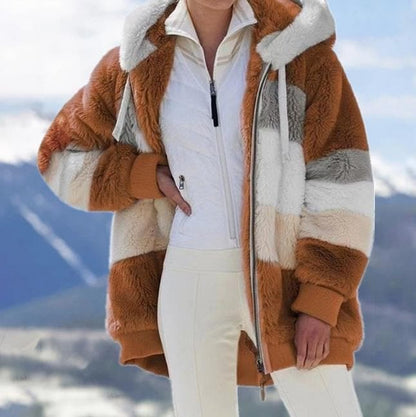 Damen 2024 Winter-Plüsch-Kapuzen-Colorblock-Jacke mit Taschen