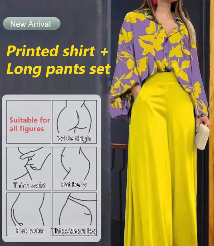 Geblümtes Damenhemd und Hose mit weitem Bein und hoher Taille (1 Set)
