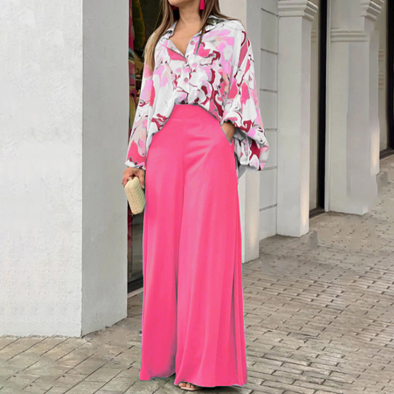 Geblümtes Damenhemd und Hose mit weitem Bein und hoher Taille (1 Set)