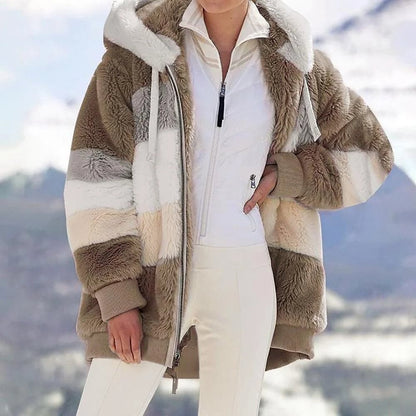 Damen 2024 Winter-Plüsch-Kapuzen-Colorblock-Jacke mit Taschen
