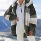 Damen 2024 Winter-Plüsch-Kapuzen-Colorblock-Jacke mit Taschen