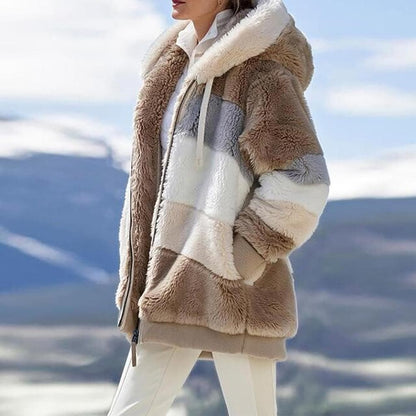 Damen 2024 Winter-Plüsch-Kapuzen-Colorblock-Jacke mit Taschen