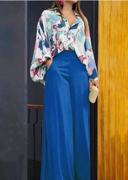 Geblümtes Damenhemd und Hose mit weitem Bein und hoher Taille (1 Set)
