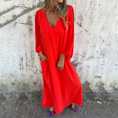 🔥V-Ausschnitt Volltonfarbe Laternenärmel Kleid