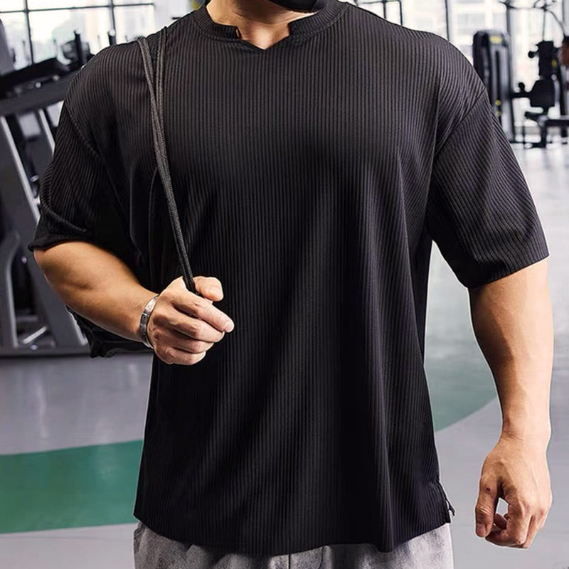 Muskelsportliche Trainings-T-Shirts mit V-Ausschnitt und kurzen Ärmeln für Männer