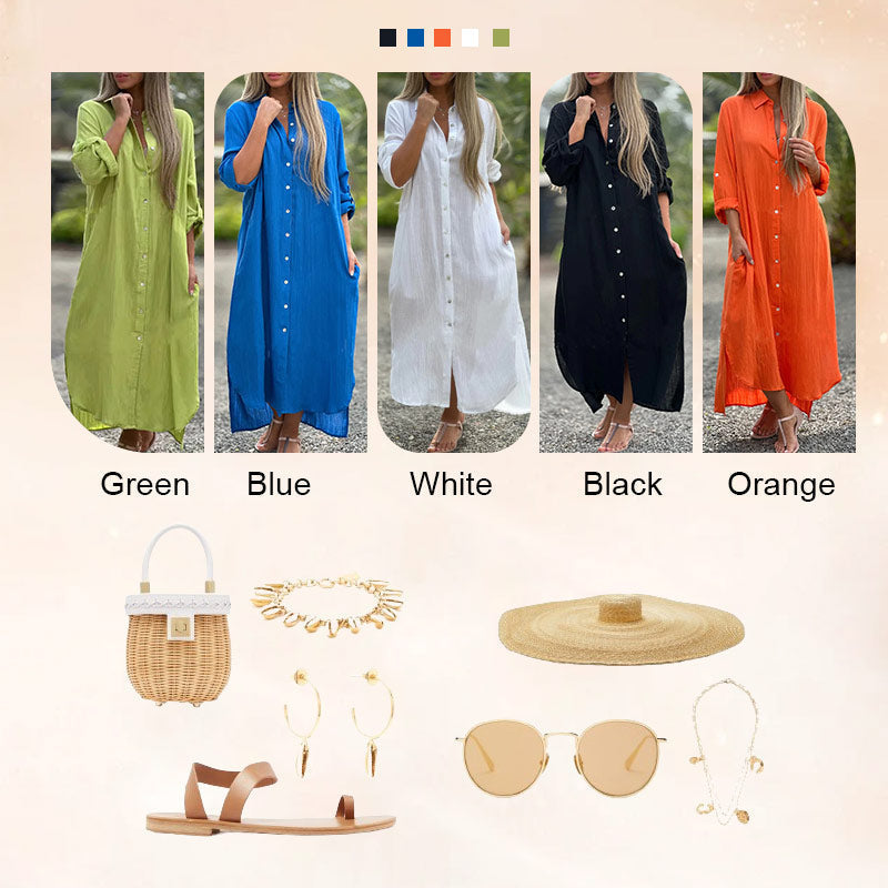 👗39% Rabatt 🌼Hemdblusenkleid mit Revers und langen Ärmeln und Knöpfen