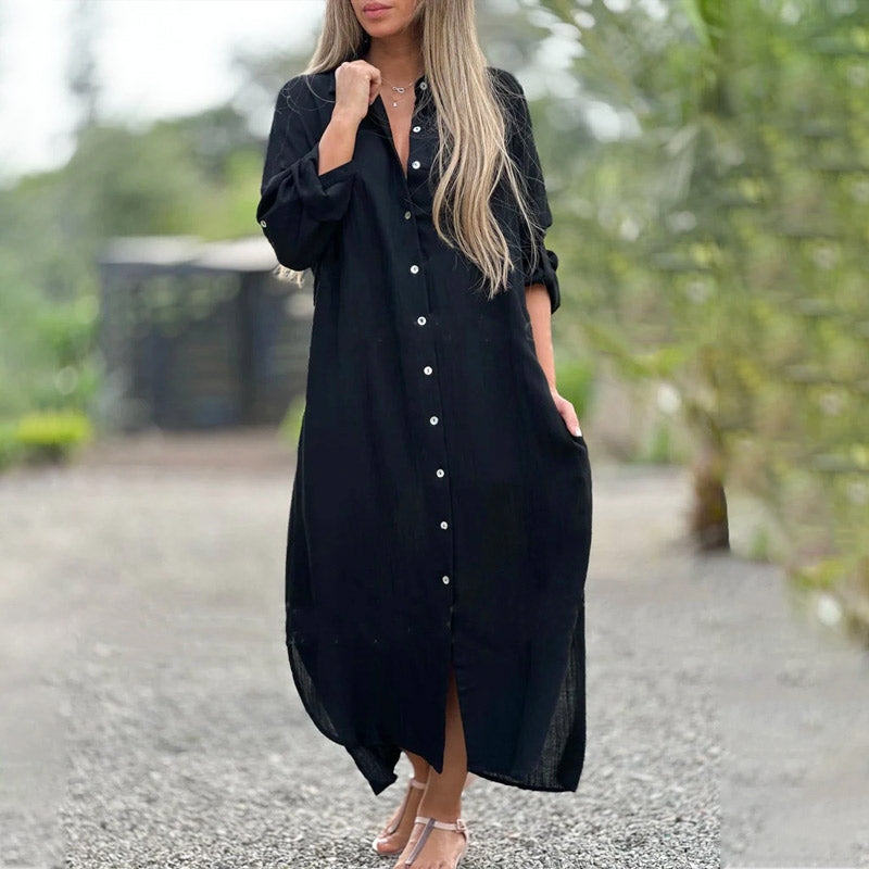 👗39% Rabatt 🌼Hemdblusenkleid mit Revers und langen Ärmeln und Knöpfen