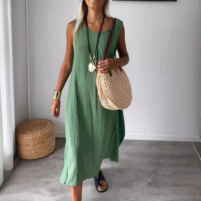 👗20% Rabatt 👍Ärmelloses Freizeitkleid aus Baumwolle und Leinen mit Tasche