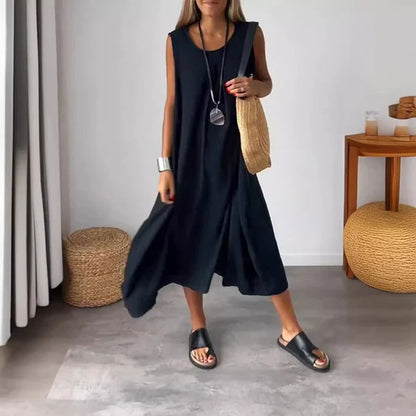 👗20% Rabatt 👍Ärmelloses Freizeitkleid aus Baumwolle und Leinen mit Tasche