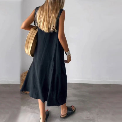 👗20% Rabatt 👍Ärmelloses Freizeitkleid aus Baumwolle und Leinen mit Tasche