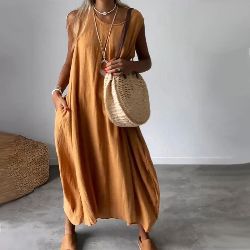 👗20% Rabatt 👍Ärmelloses Freizeitkleid aus Baumwolle und Leinen mit Tasche