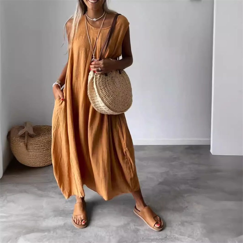 👗20% Rabatt 👍Ärmelloses Freizeitkleid aus Baumwolle und Leinen mit Tasche