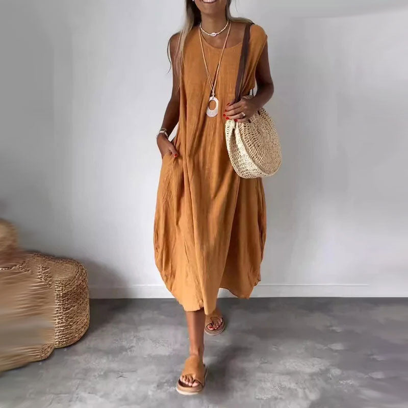 👗20% Rabatt 👍Ärmelloses Freizeitkleid aus Baumwolle und Leinen mit Tasche