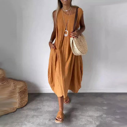 👗20% Rabatt 👍Ärmelloses Freizeitkleid aus Baumwolle und Leinen mit Tasche