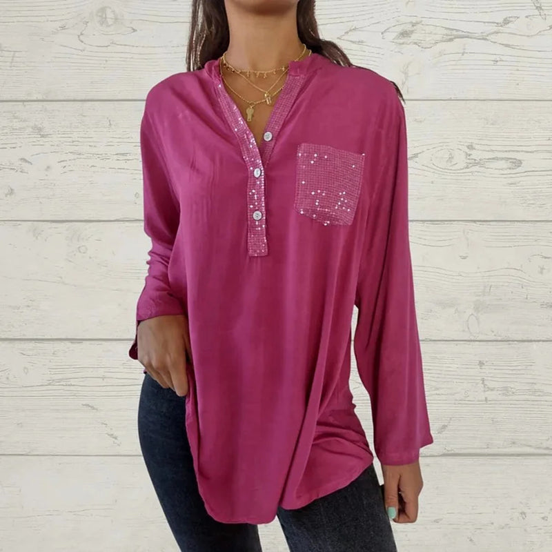🌸V-Ausschnitt Shirt mit Pailletten und Patchwork für Frauen