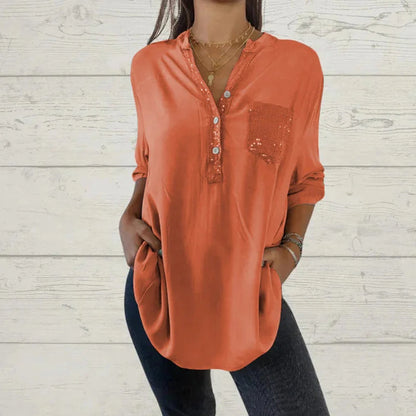 🌸V-Ausschnitt Shirt mit Pailletten und Patchwork für Frauen