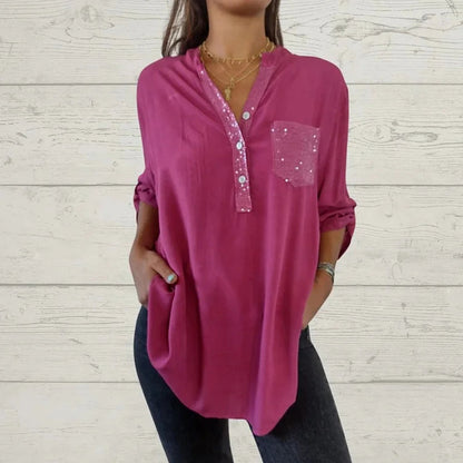 🌸V-Ausschnitt Shirt mit Pailletten und Patchwork für Frauen