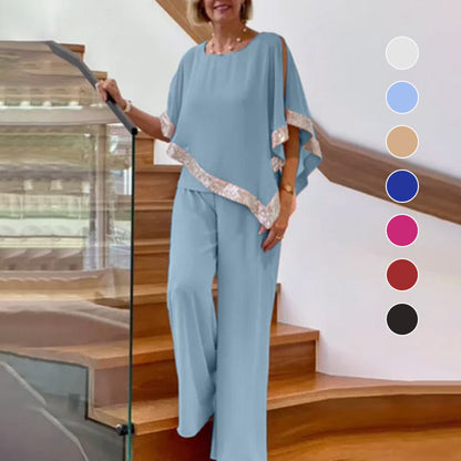 Elegantes 2-teiliges Set für Damen - Oberteil mit Pailletten und Hose mit weiten Beinen