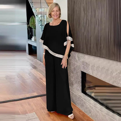 Elegantes 2-teiliges Set für Damen - Oberteil mit Pailletten und Hose mit weiten Beinen