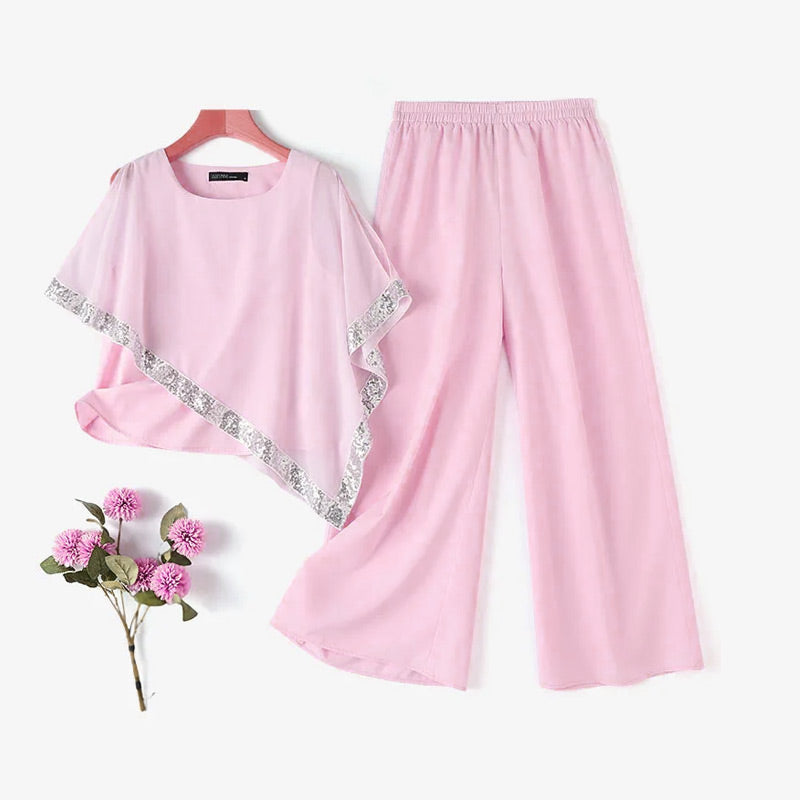 Elegantes 2-teiliges Set für Damen - Oberteil mit Pailletten und Hose mit weiten Beinen