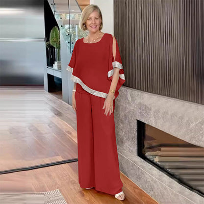 Elegantes 2-teiliges Set für Damen - Oberteil mit Pailletten und Hose mit weiten Beinen