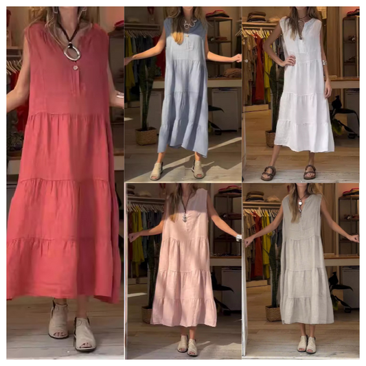 👗40% Rabatt🌸 Ärmelloses, gestuftes langes Damenkleid mit V-Ausschnitt und Knöpfen