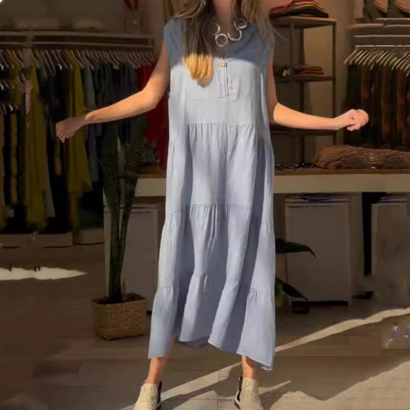 👗40% Rabatt🌸 Ärmelloses, gestuftes langes Damenkleid mit V-Ausschnitt und Knöpfen