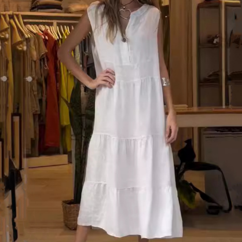 👗40% Rabatt🌸 Ärmelloses, gestuftes langes Damenkleid mit V-Ausschnitt und Knöpfen