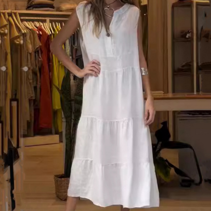 👗40% Rabatt🌸 Ärmelloses, gestuftes langes Damenkleid mit V-Ausschnitt und Knöpfen