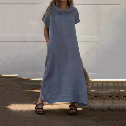 Damen-Freizeitkleid aus Baumwolle und Leinen mit Wasserfallausschnitt