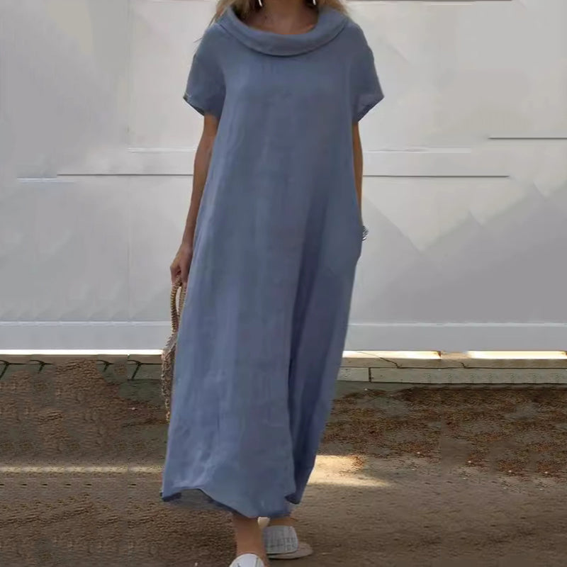 Damen-Freizeitkleid aus Baumwolle und Leinen mit Wasserfallausschnitt