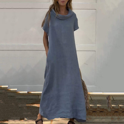 Damen-Freizeitkleid aus Baumwolle und Leinen mit Wasserfallausschnitt