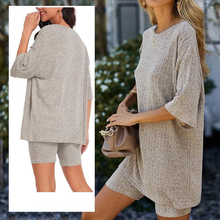 Lässiges 2-teiliges Set aus T-Shirt und Shorts aus Rippenstrick für Damen