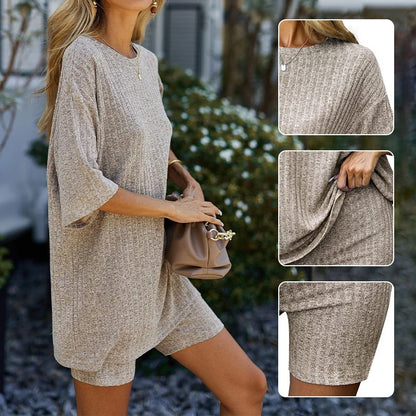 Lässiges 2-teiliges Set aus T-Shirt und Shorts aus Rippenstrick für Damen
