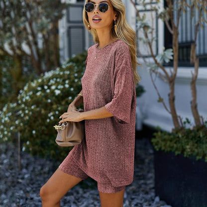 Lässiges 2-teiliges Set aus T-Shirt und Shorts aus Rippenstrick für Damen