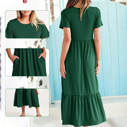 👗49% Rabatt🫧 Plissiertes Kleid mit Rundhalsausschnitt und einfarbiger Farbe für Damen