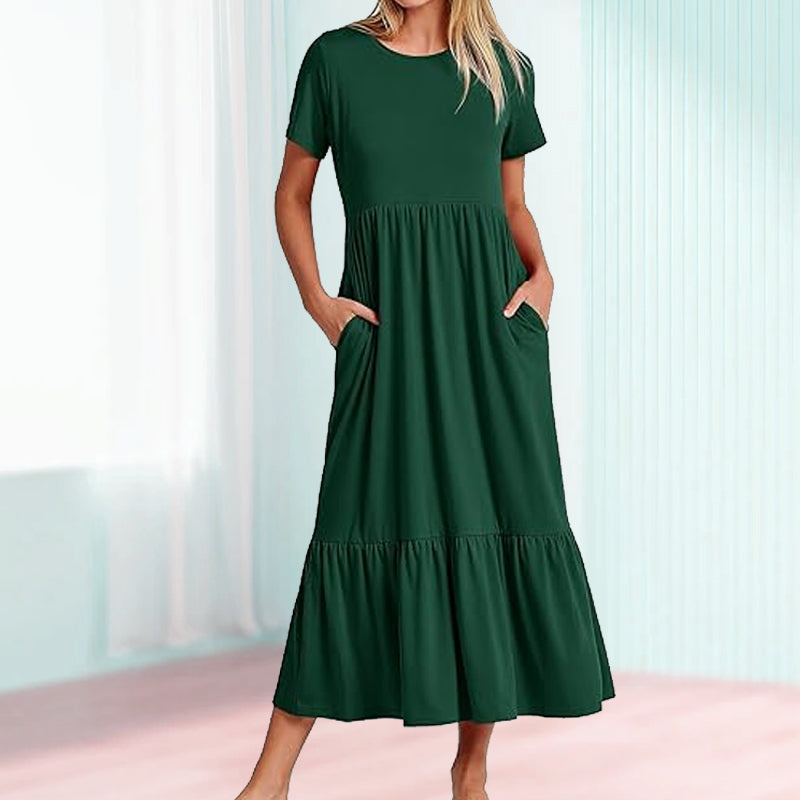 👗49% Rabatt🫧 Plissiertes Kleid mit Rundhalsausschnitt und einfarbiger Farbe für Damen