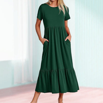 👗49% Rabatt🫧 Plissiertes Kleid mit Rundhalsausschnitt und einfarbiger Farbe für Damen