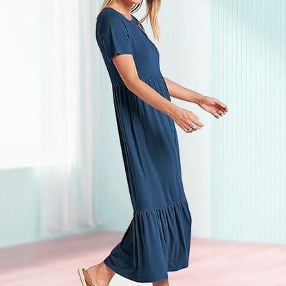 👗49% Rabatt🫧 Plissiertes Kleid mit Rundhalsausschnitt und einfarbiger Farbe für Damen
