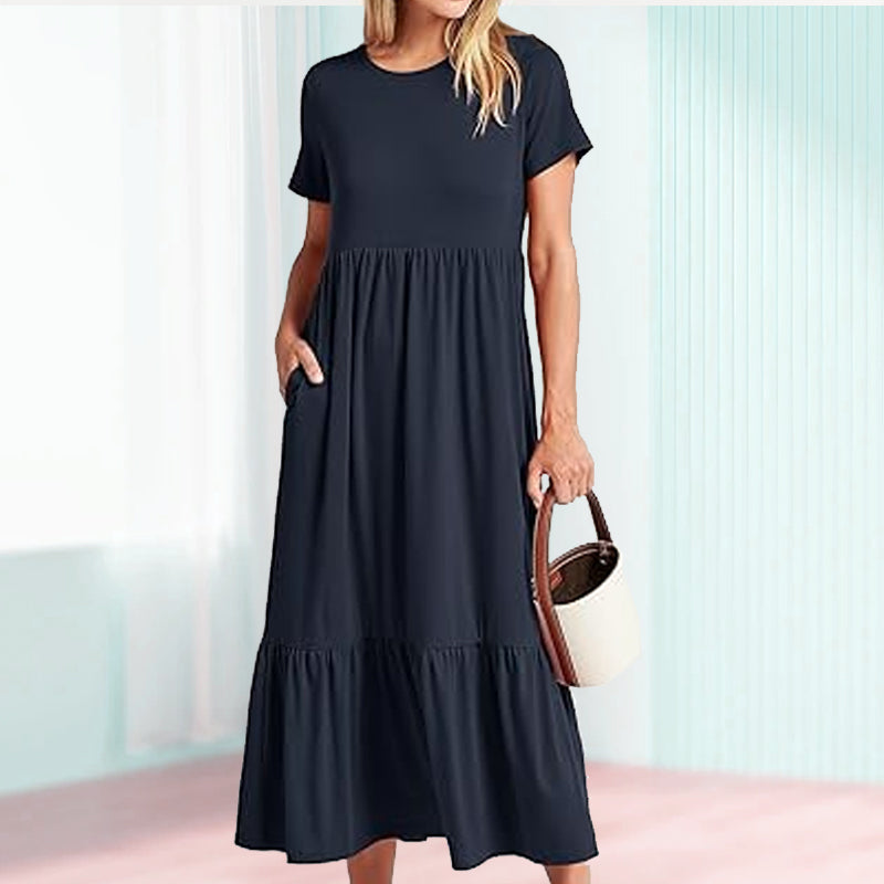 👗49% Rabatt🫧 Plissiertes Kleid mit Rundhalsausschnitt und einfarbiger Farbe für Damen